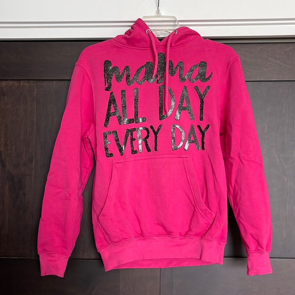 Mama All Day Every Day Pink Black Glitter Ink Hoodie Sweatshirt Size XS
